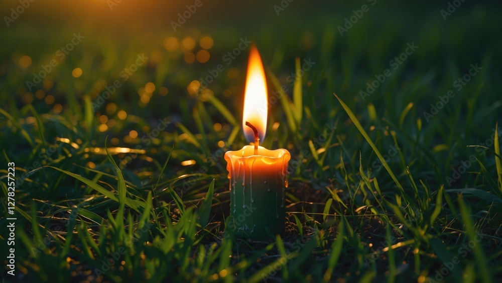 Poster candle flame illuminating green grass with soft focus background for relaxing atmosphere and text sp
