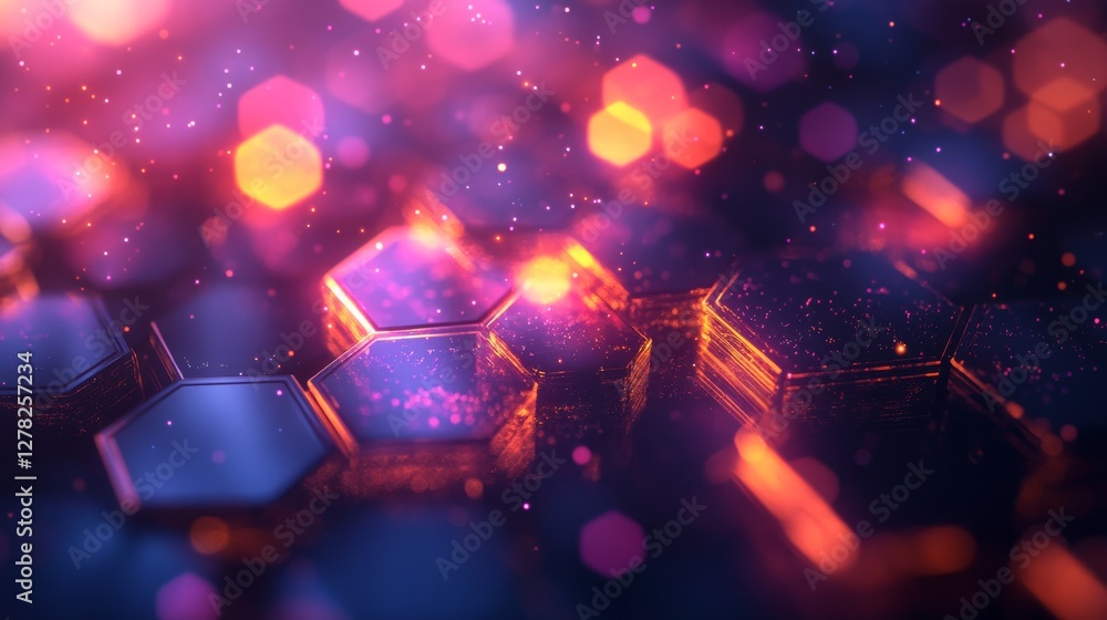 Poster glowing hexagon grid composed with dynamic lights and vibrant colors