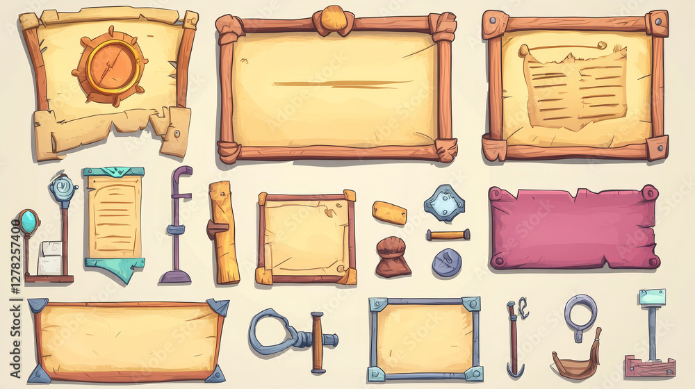 Poster set of game stone frames, bars, ui scrolls, boards with antique parchments and menu buttons. cartoon