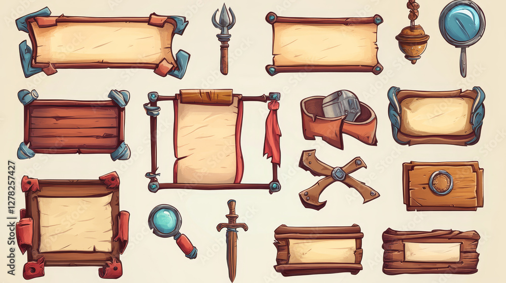 Poster set of game stone frames, bars, ui scrolls, boards with antique parchments and menu buttons. cartoon