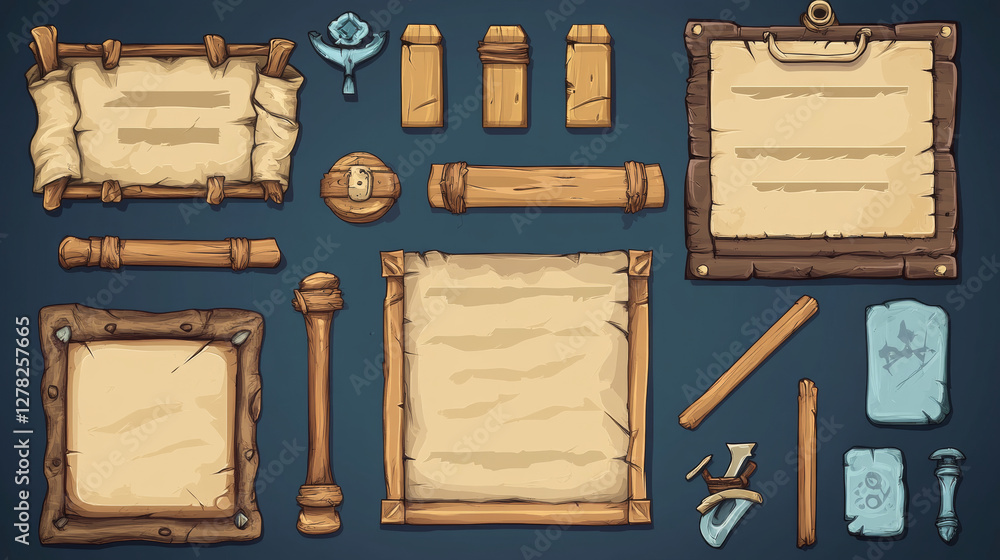 Poster set of game stone frames, bars, ui scrolls, boards with antique parchments and menu buttons. cartoon