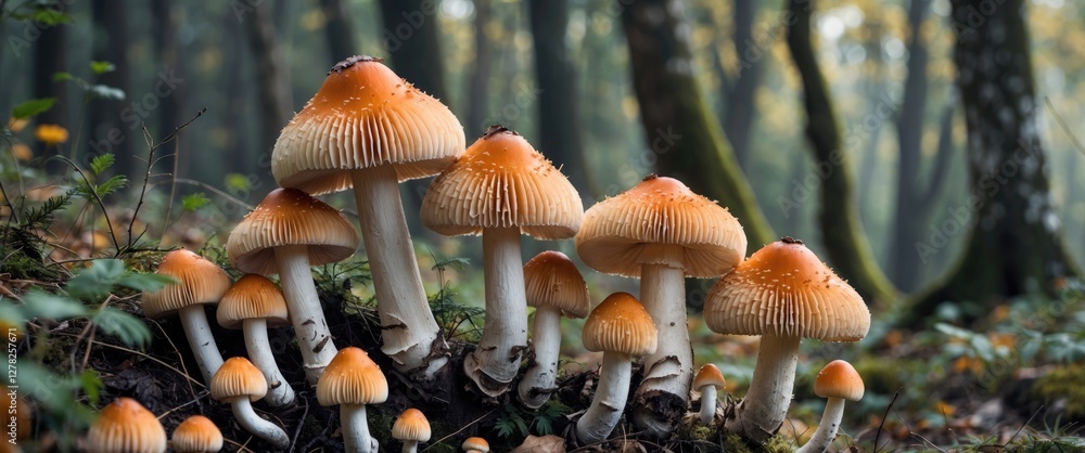Poster wild cepes mushrooms growing in a forest with a soft background ideal for nature and culinary themes