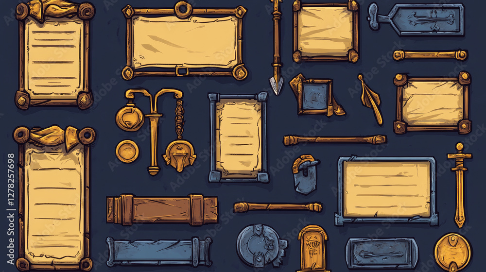 Poster set of game stone frames, bars, ui scrolls, boards with antique parchments and menu buttons. cartoon