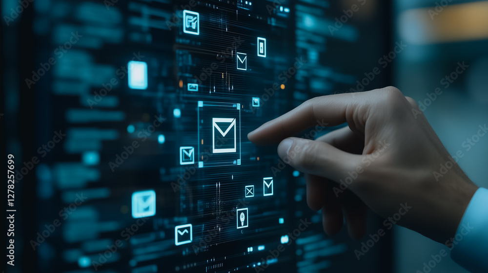 Poster digital connection: a hand interacts with an illuminated screen displaying email icons, highlighting