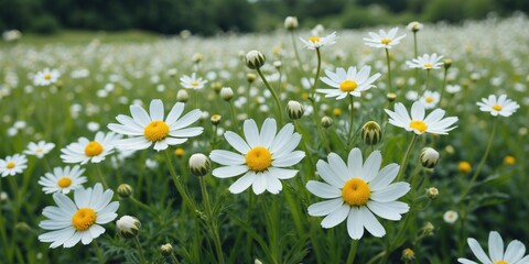 Fototapeta premium Chamomile Flowers in Full Bloom with Green Meadow Background and Copy Space for Text Ideal for Nature and Wellness Themes