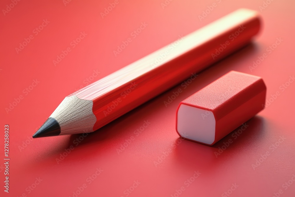 Leinwandbilder bright red pencil and eraser on a smooth surface create a striking contrast in color and simplicity