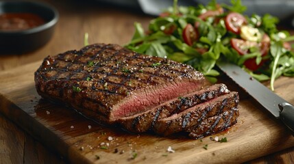Juicy grilled steak served on a wooden board with fresh salad and sauce