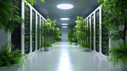 A high-performance data center with LED-lit servers, surrounded by lush plants and sustainable architecture.