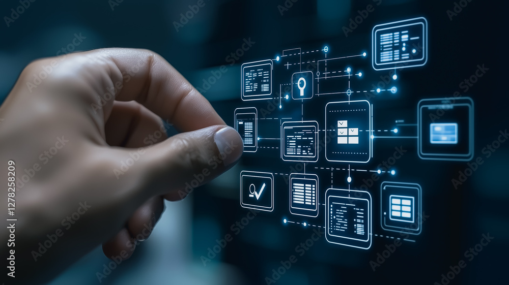 Poster Digital Interface: A hand interacts with a futuristic digital interface, showcasing interconnected icons representing various technological applications and data streams.