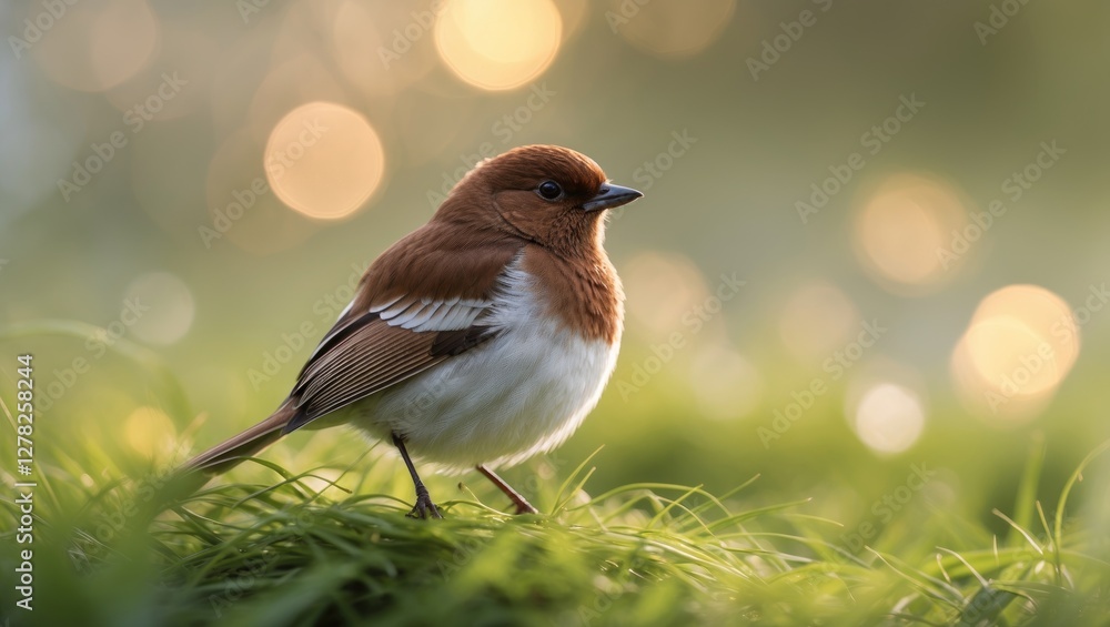 Poster chestnut munia bird in lush green grass with beautiful bokeh background and space for overlay text i