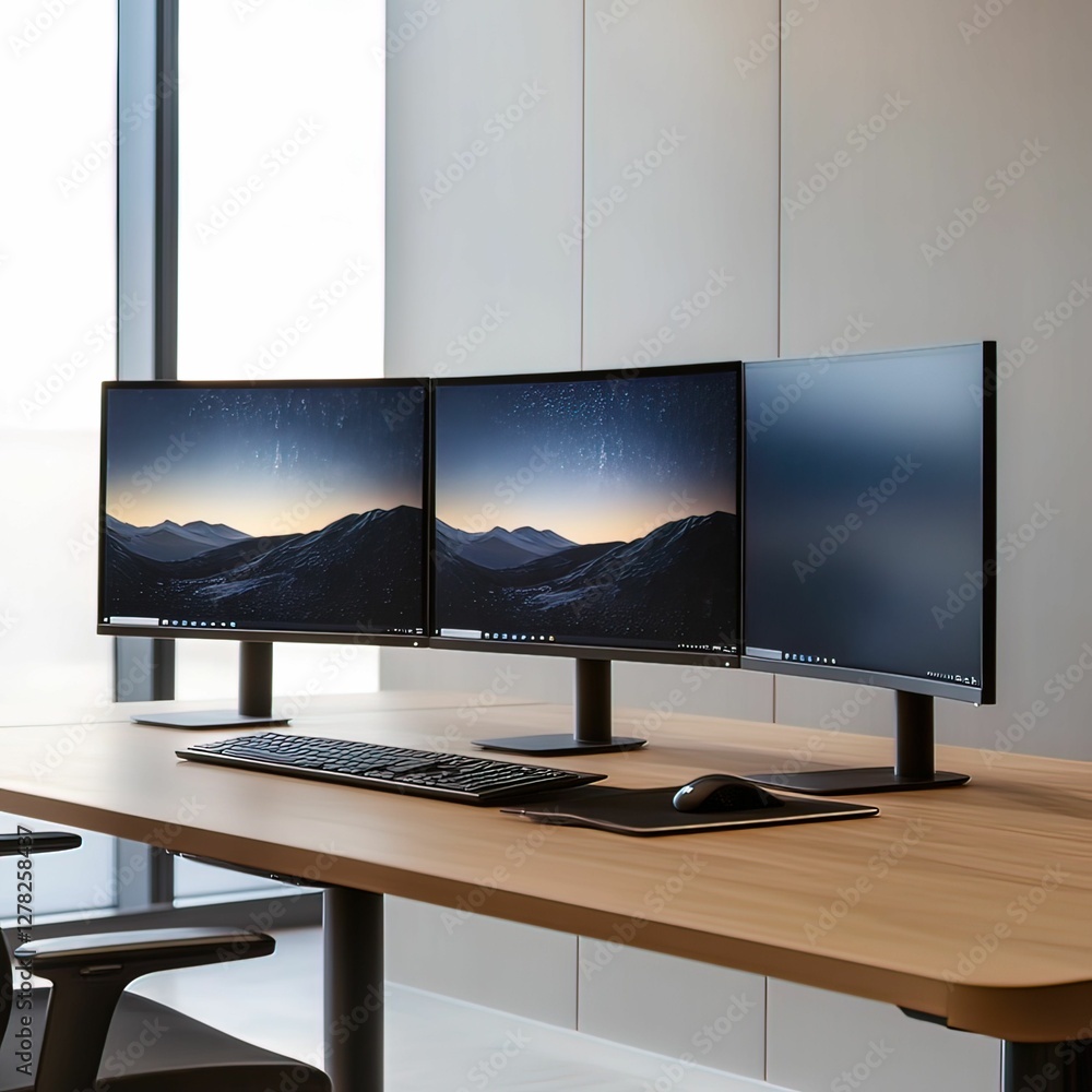 Poster professional remote desk setup with triple monitors in modern office space minimalist design ergonom