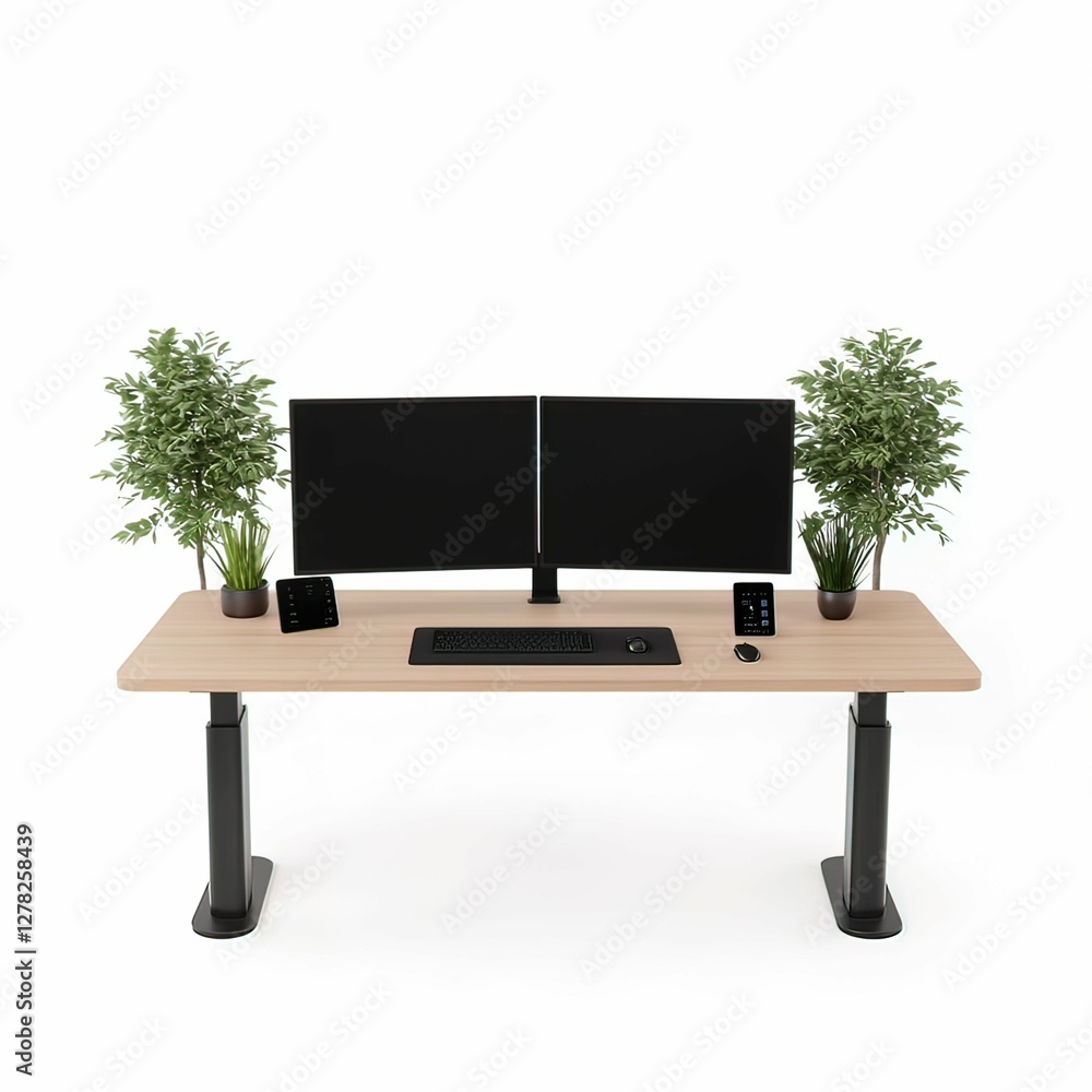 Poster professional remote desk setup featuring triple monitors modern office digital workspace minimalist 