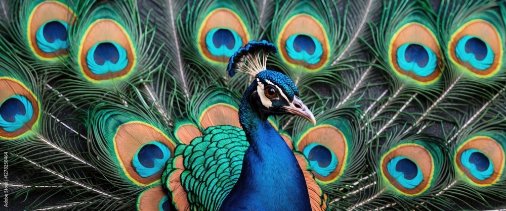Poster vibrant peacock displaying stunning feathers against a rich background with space for custom text or