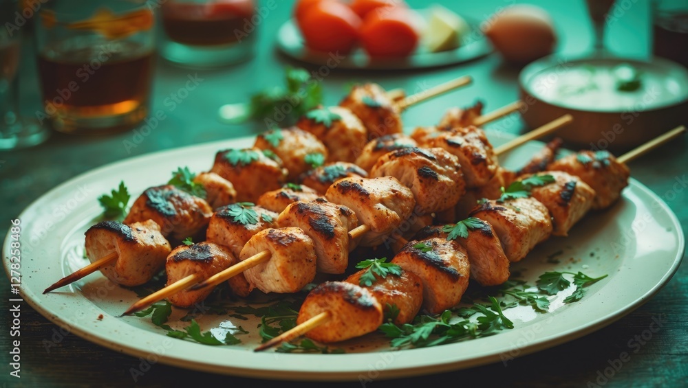 Poster grilled chicken shish kebab on plate with garnish and empty space for text in warm restaurant settin
