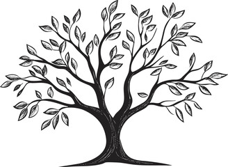 Obraz premium Black and white tree illustration with detailed branches and leaves.