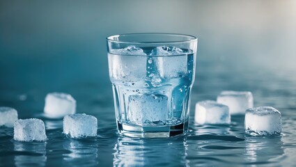 Refreshing glass of chilled water with ice cubes on wet surface ideal for summer beverage promotions or cooling drink concepts