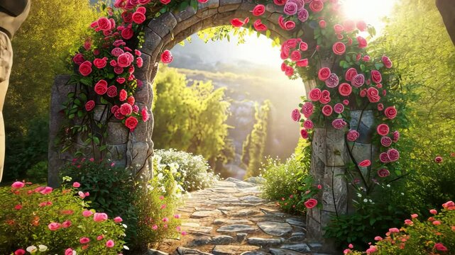 A picturesque garden pathway leads through a stone archway, framed by colorful roses and greenery at sunset, creating a serene atmosphere