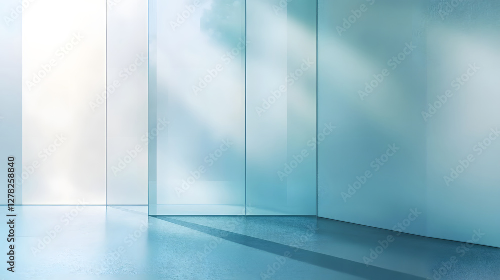 Poster Tranquil and serene modern interior scene featuring a minimal and clean design with a blue and white color palette geometric patterns and soft diffused lighting  The space has a contemporary elegant
