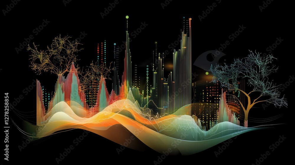 Aufkleber a high-tech data visualization of financial growth, with glowing lines and dynamic charts on a dark 