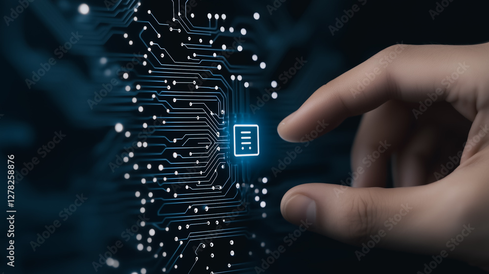 Poster digital interface: a hand interacts with a glowing digital interface of circuit board patterns, symb