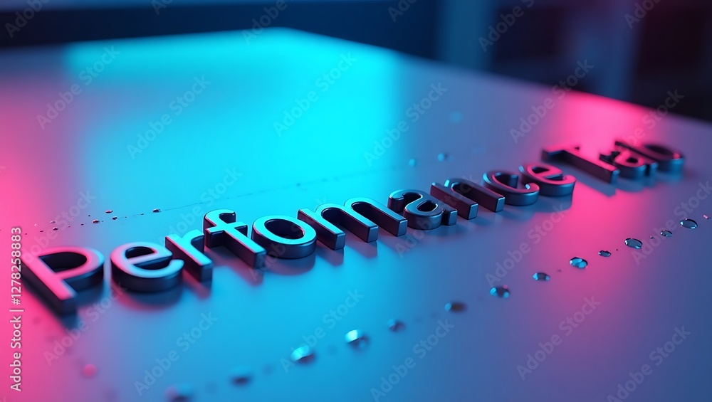 Aufkleber metal typography display showcasing performance tab with neon lighting at a tech event