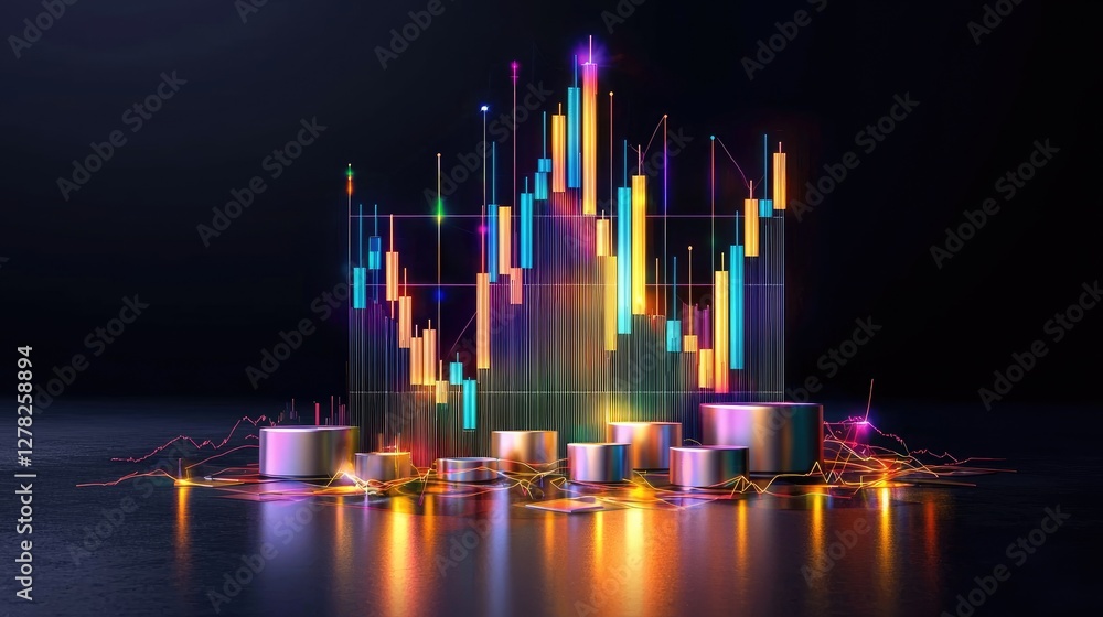 Poster a high-tech data visualization of financial growth, with glowing lines and dynamic charts on a dark 