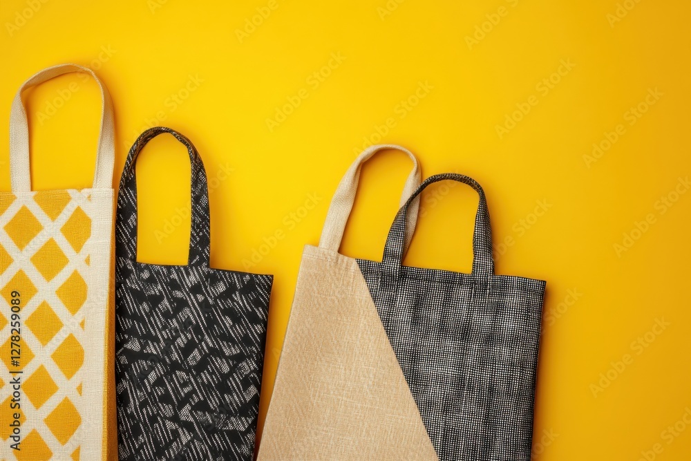 Poster Stylish tote bags arranged on a bright yellow background display modern design and unique patterns