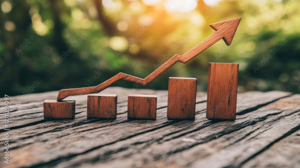 Poster wooden bar graph showing growth with an upward arrow in a serene forest setting