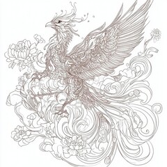 Fototapeta premium Intricate Line Art Phoenix with Floral Ornamentation