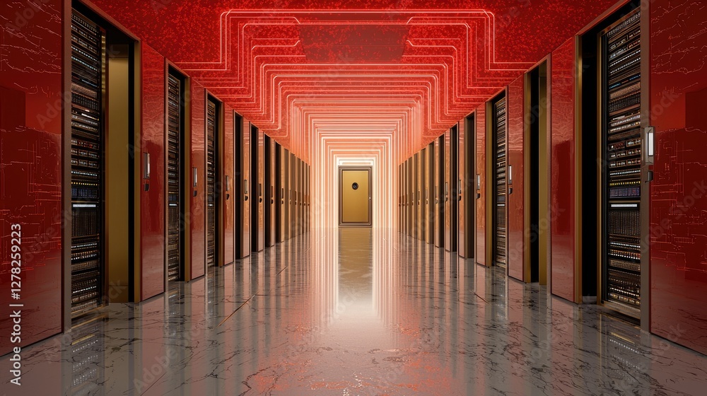 Poster a high-tech server room with a digital shield protecting against cyber threats, data encryption conc