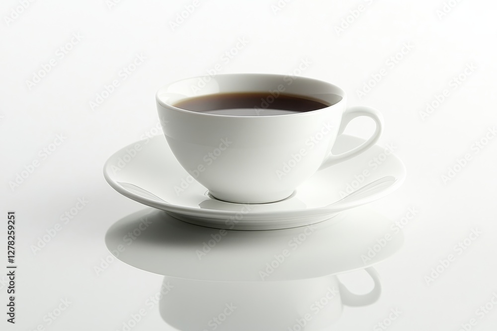 Aufkleber Simple white cup with coffee sits on a saucer against a reflective surface in a minimalist setting