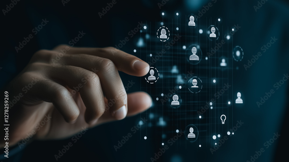 Aufkleber digital connections: a hand gently interacts with a network of interconnected profile icons, symboli