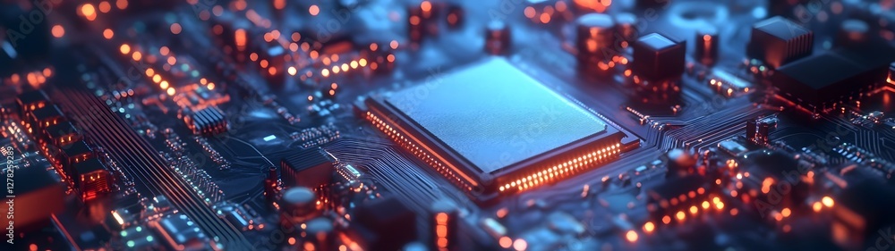Leinwandbilder Vibrant and Complex Electronics Circuit Board with Bright Lights and Technological Details   Close up View of High Tech Computer Microchip and Processor Components Representing Futuristic Innovation