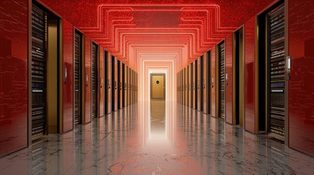 A high-tech server room with a digital shield protecting against cyber threats, data encryption concept.