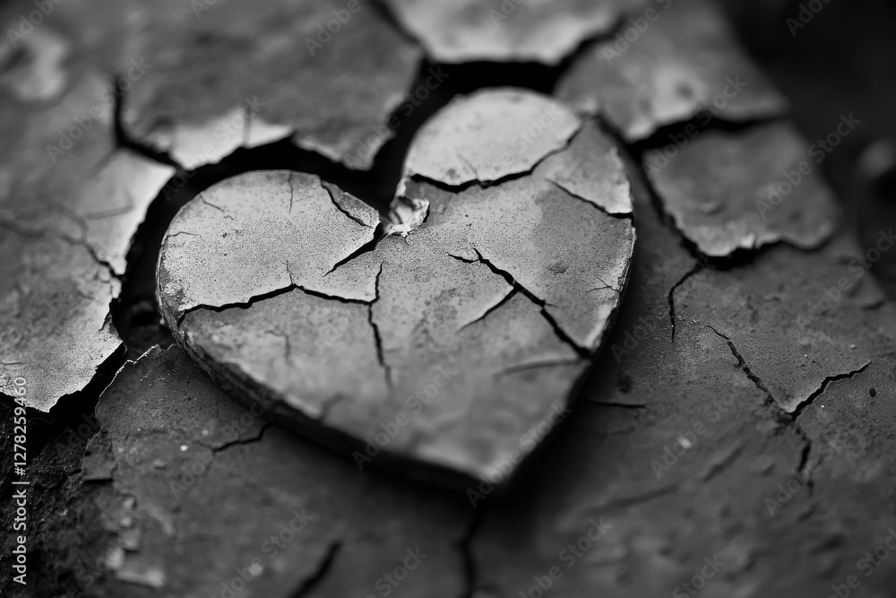 Poster heart-shaped object rests on cracked surface evoking feelings of love and vulnerability in a monochr