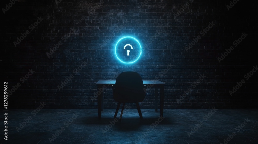 Poster illuminated holographic lock icon in remote office environment digital security concept dark setting