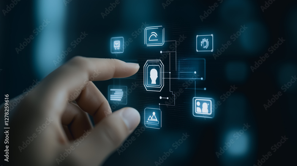 Poster digital interface: a close-up shot of a hand interacting with a digital interface, showcasing the fu