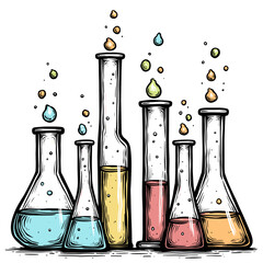 Colorful chemistry set with glass beakers and liquids, science concept