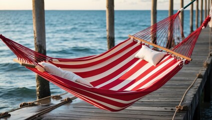 Fototapeta premium Relaxing Red and White Striped Hammock on Pier Overlooking Tranquil Sea Waves at Sunset