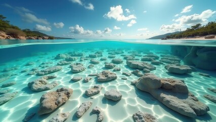 Underwater view of bleached coral reef with sparse marine life due to ocean warming effects	