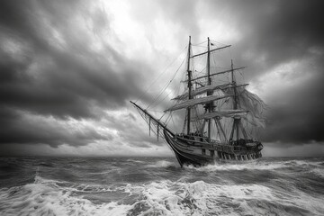 Fototapeta premium Ghost Ship Sailing through Stormy Seas: Nautical Art of a Haunted Frigate