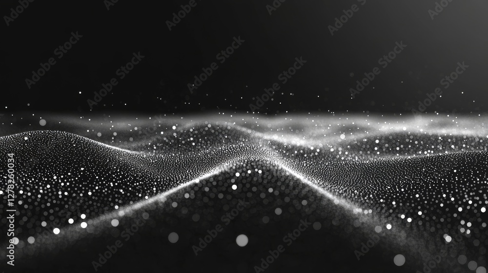 Poster white dots create digital flowing waves and a dark background