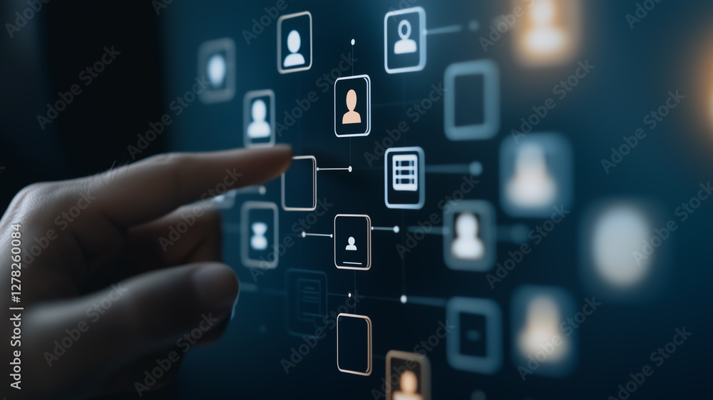 Poster digital network: a fingertip interacts with a digital interface, connecting icons that represent ind