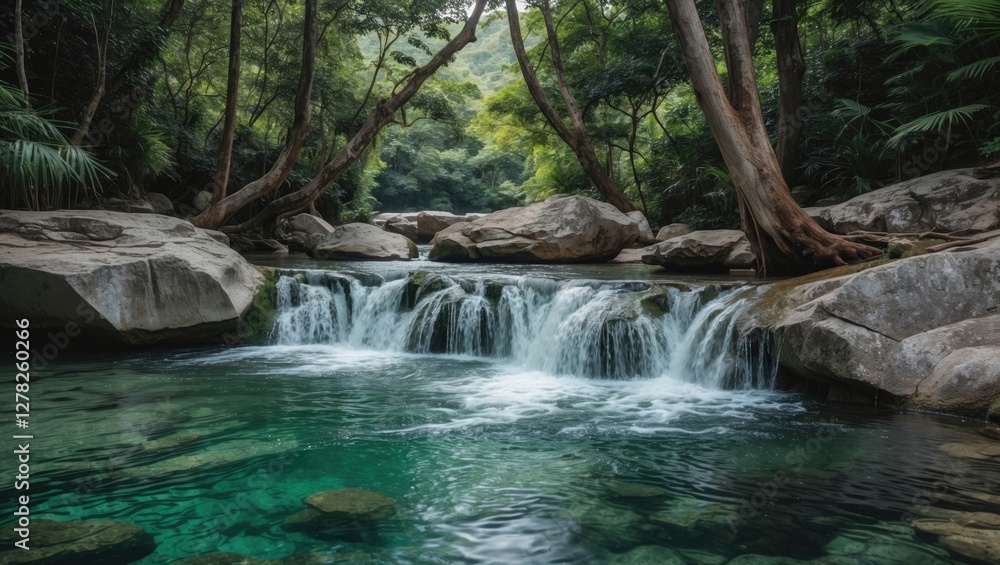 Poster tranquil waterfall cascading into a clear stream surrounded by lush greenery and rocks in a serene f