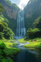 Fototapeta premium Majestic Waterfall Cascading Through Lush Green Tropical Landscape
