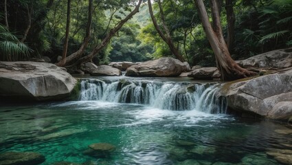 Tranquil waterfall cascading into a clear stream surrounded by lush greenery and rocks in a serene forest environment.