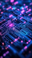 Obraz premium Abstract motherboard circuit with glowing pink and blue lights creating a futuristic technology backdrop for digital innovation and connectivity