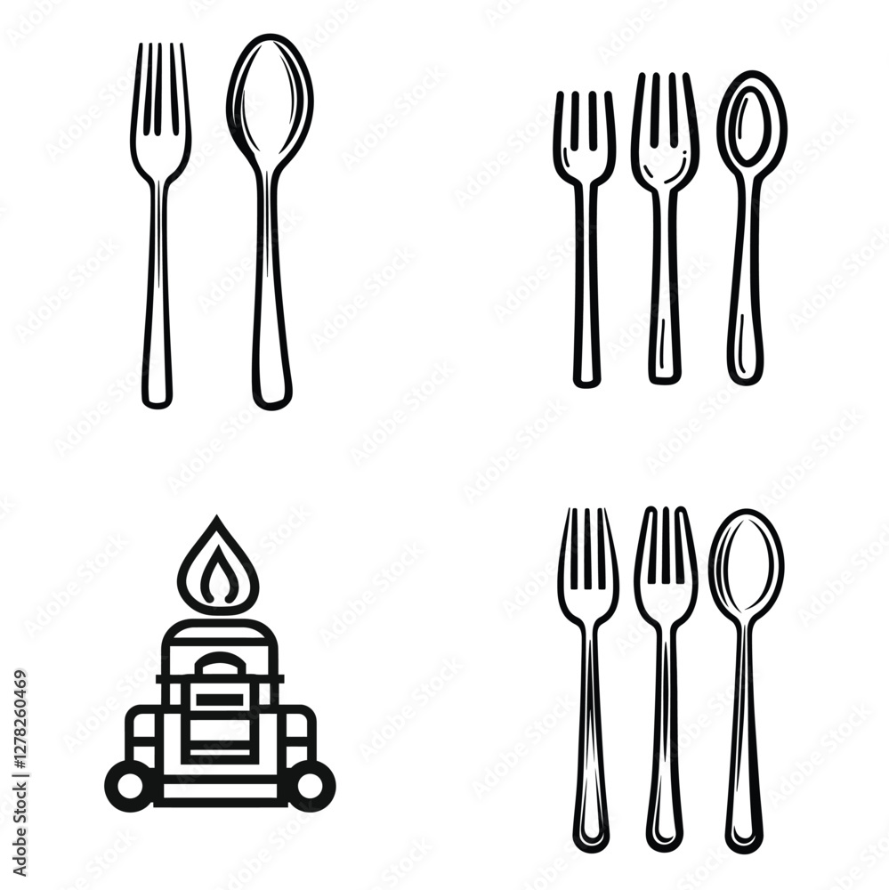 Poster spoon and fork icons set. outline illustration of spoon and fork vector icons for web