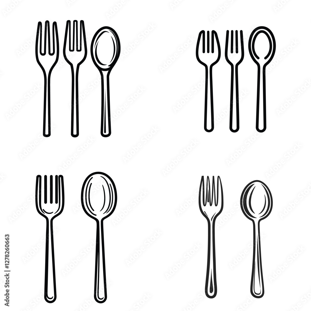 Poster spoon and fork icons set. outline illustration of spoon and fork vector icons for web