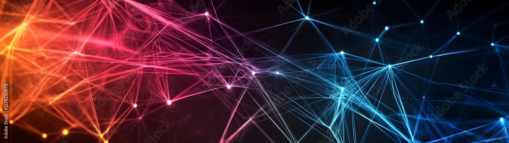 Poster Vibrant and dynamic abstract digital network with glowing neon shapes flowing energy patterns and futuristic technological elements  Represents the interconnected innovative